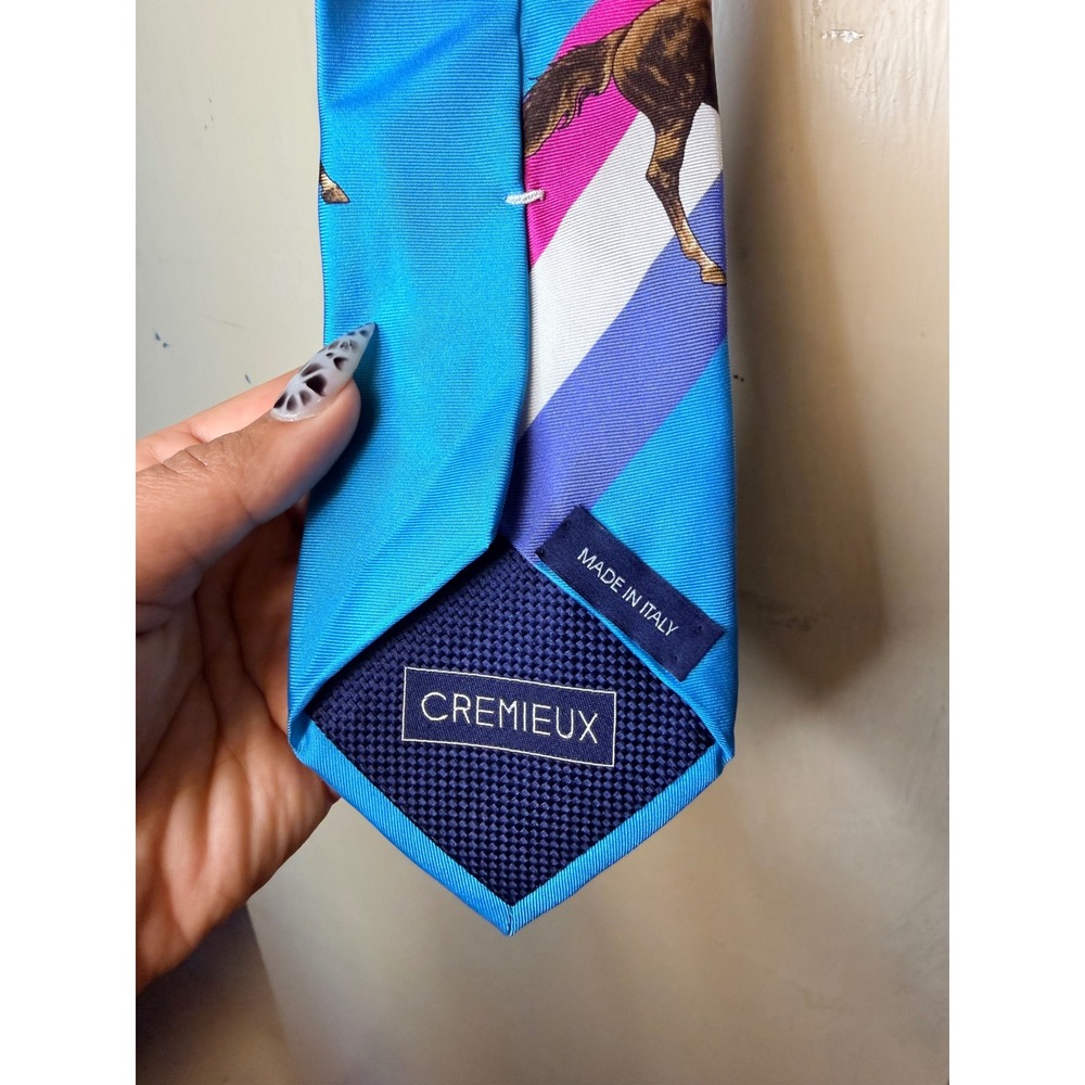 Cremieux Mens Silk Tie Blue Equestrian Horse Racing Stripe Made in Italy - Picture 2 of 4